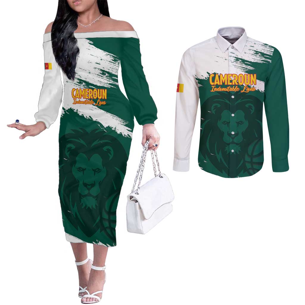 Cameroon Basketball Custom Couples Matching Off The Shoulder Long Sleeve Dress and Long Sleeve Button Shirt Come On Indomitable Lions - Wonder Print Shop