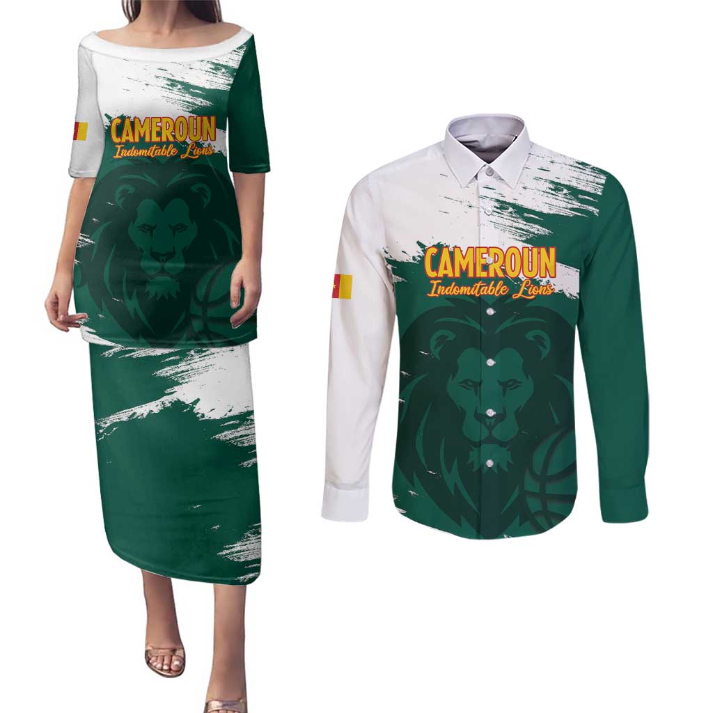 Cameroon Basketball Custom Couples Matching Puletasi and Long Sleeve Button Shirt Come On Indomitable Lions - Wonder Print Shop