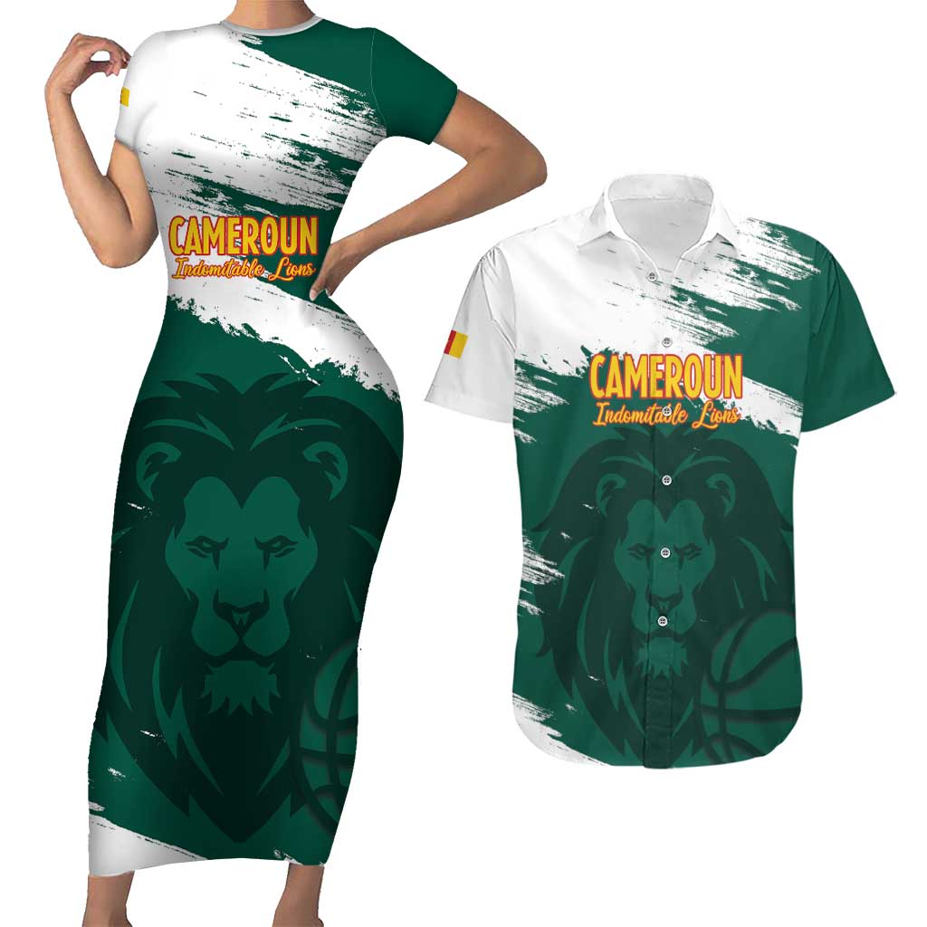 Cameroon Basketball Custom Couples Matching Short Sleeve Bodycon Dress and Hawaiian Shirt Come On Indomitable Lions - Wonder Print Shop