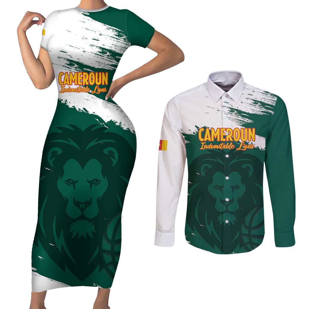 Cameroon Basketball Custom Couples Matching Short Sleeve Bodycon Dress and Long Sleeve Button Shirt Come On Indomitable Lions - Wonder Print Shop