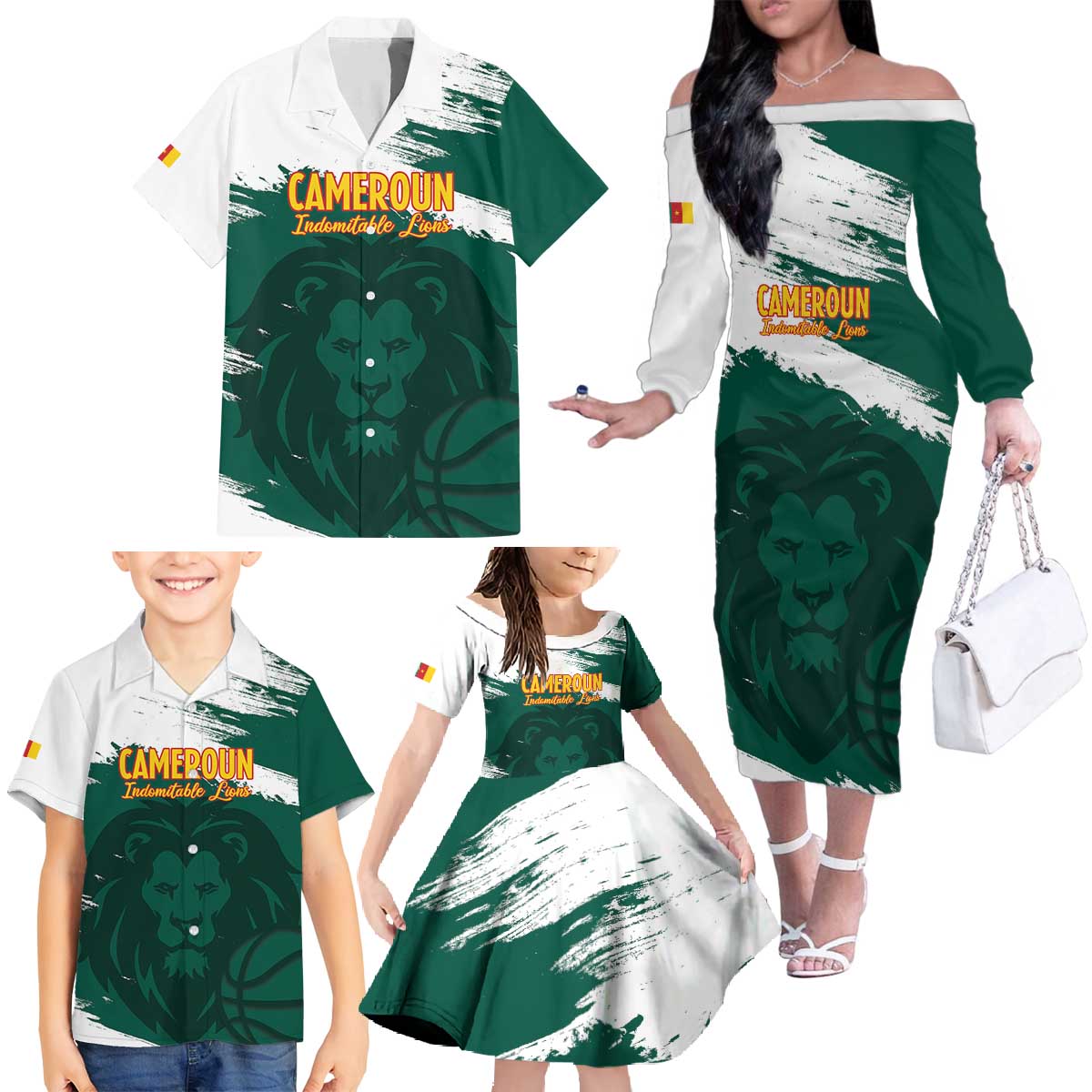 Cameroon Basketball Custom Family Matching Off The Shoulder Long Sleeve Dress and Hawaiian Shirt Come On Indomitable Lions - Wonder Print Shop