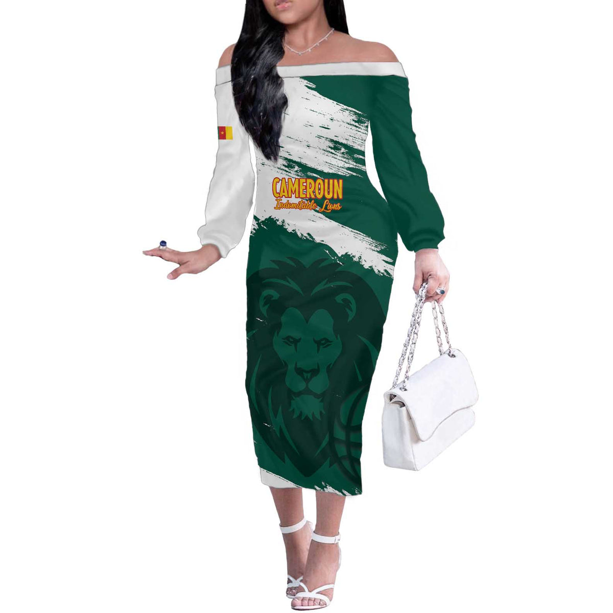 Cameroon Basketball Custom Off The Shoulder Long Sleeve Dress Come On Indomitable Lions - Wonder Print Shop