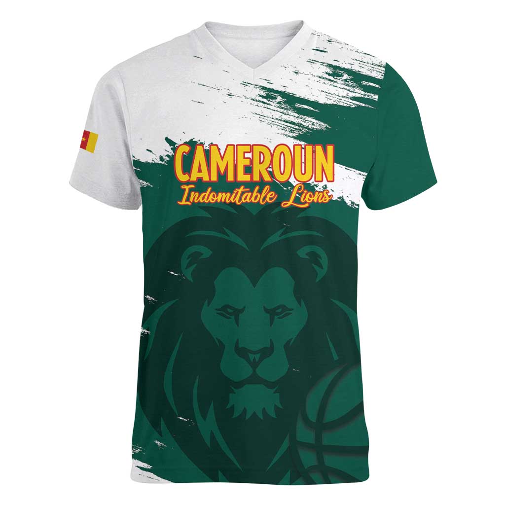 Cameroon Basketball Custom Women V-Neck T-Shirt Come On Indomitable Lions - Wonder Print Shop