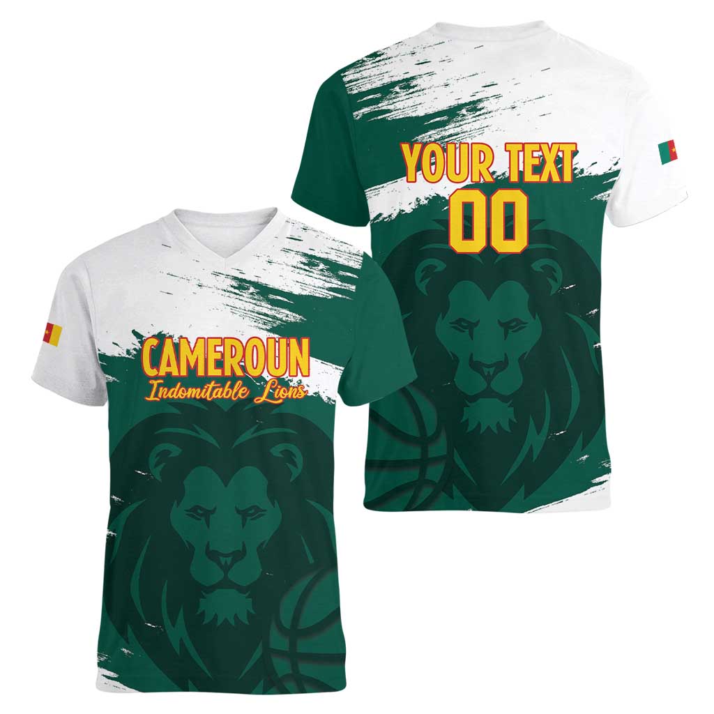Cameroon Basketball Custom Women V-Neck T-Shirt Come On Indomitable Lions - Wonder Print Shop
