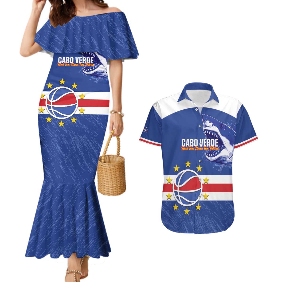 Cape Verde Basketball Custom Couples Matching Mermaid Dress and Hawaiian Shirt Come On Blue Sharks - Wonder Print Shop