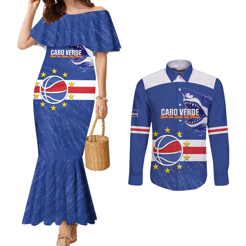Cape Verde Basketball Custom Couples Matching Mermaid Dress and Long Sleeve Button Shirt Come On Blue Sharks - Wonder Print Shop