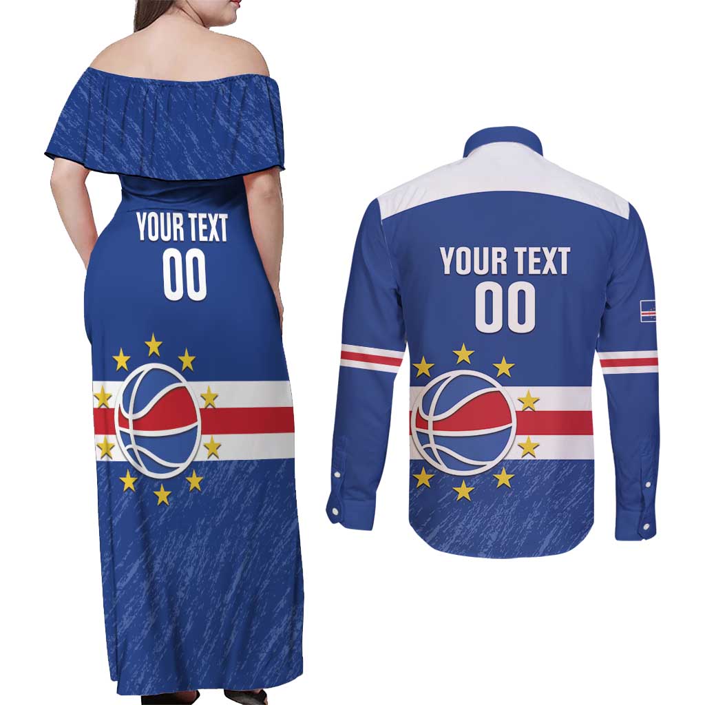 Cape Verde Basketball Custom Couples Matching Off Shoulder Maxi Dress and Long Sleeve Button Shirt Come On Blue Sharks - Wonder Print Shop