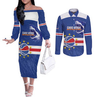 Cape Verde Basketball Custom Couples Matching Off The Shoulder Long Sleeve Dress and Long Sleeve Button Shirt Come On Blue Sharks - Wonder Print Shop