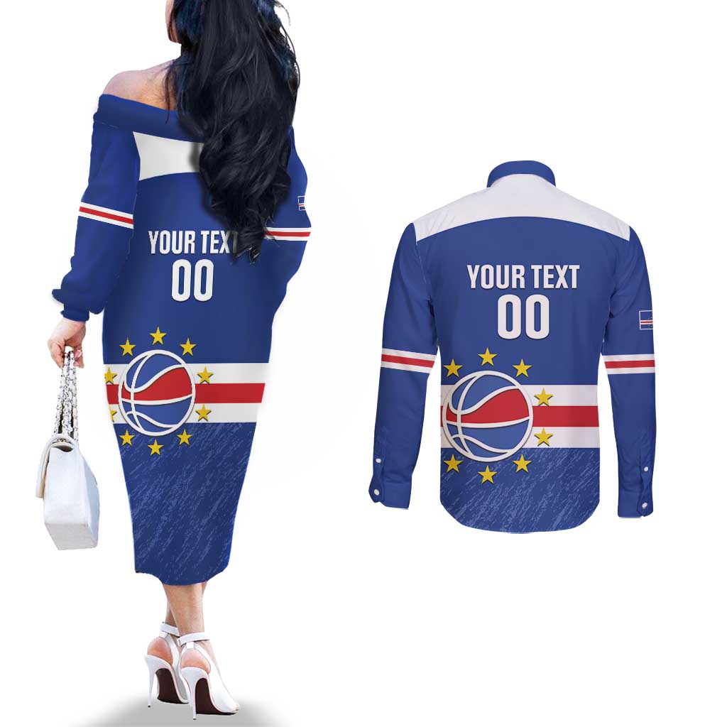 Cape Verde Basketball Custom Couples Matching Off The Shoulder Long Sleeve Dress and Long Sleeve Button Shirt Come On Blue Sharks - Wonder Print Shop
