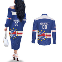 Cape Verde Basketball Custom Couples Matching Off The Shoulder Long Sleeve Dress and Long Sleeve Button Shirt Come On Blue Sharks - Wonder Print Shop