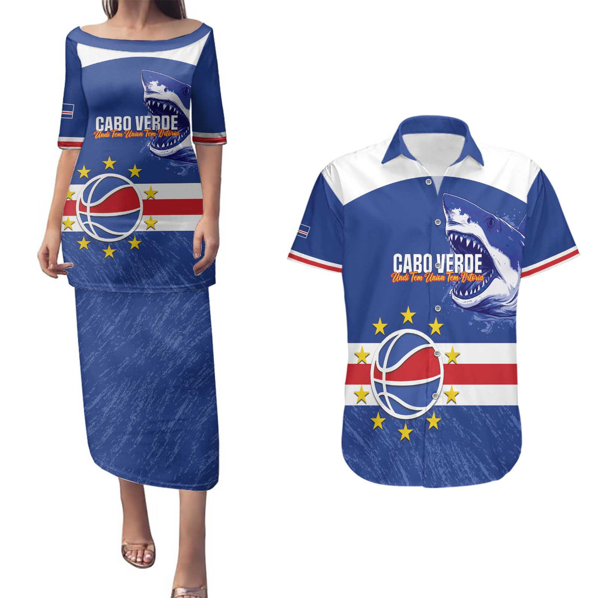Cape Verde Basketball Custom Couples Matching Puletasi and Hawaiian Shirt Come On Blue Sharks - Wonder Print Shop