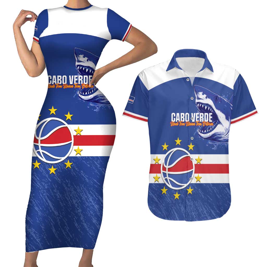 Cape Verde Basketball Custom Couples Matching Short Sleeve Bodycon Dress and Hawaiian Shirt Come On Blue Sharks - Wonder Print Shop
