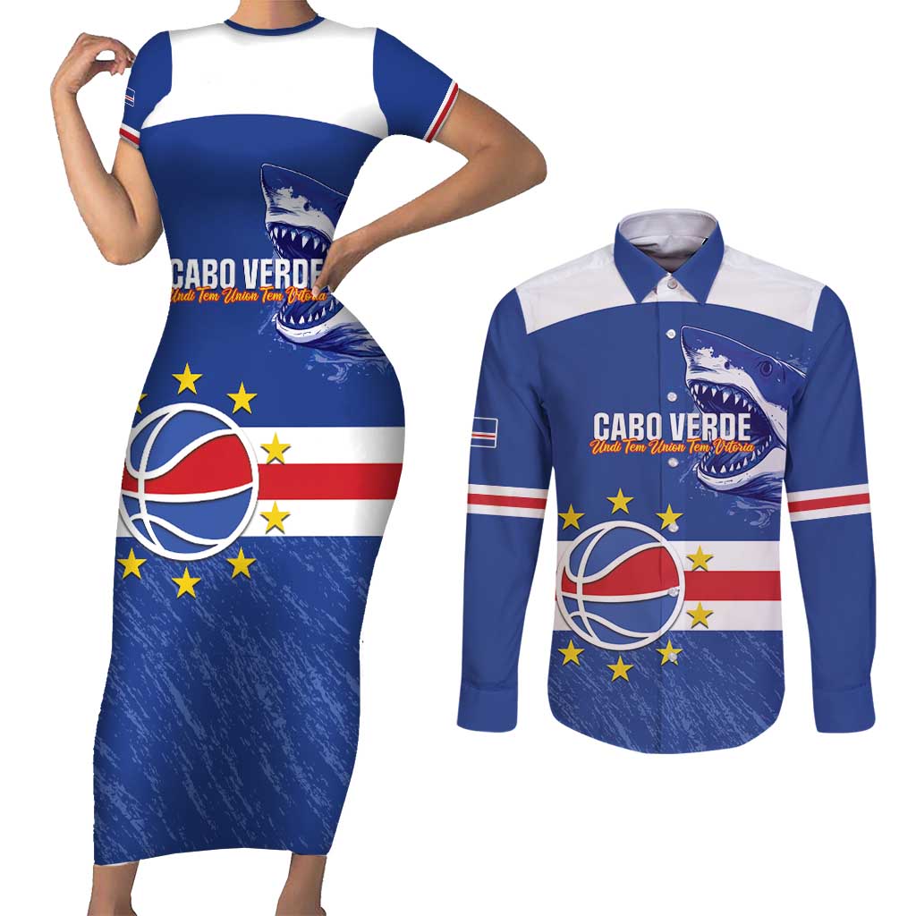 Cape Verde Basketball Custom Couples Matching Short Sleeve Bodycon Dress and Long Sleeve Button Shirt Come On Blue Sharks - Wonder Print Shop