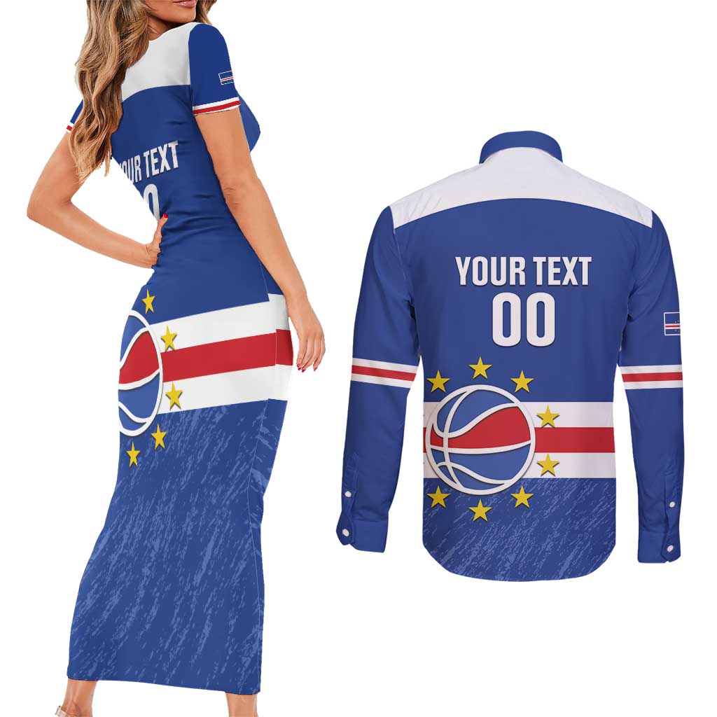 Cape Verde Basketball Custom Couples Matching Short Sleeve Bodycon Dress and Long Sleeve Button Shirt Come On Blue Sharks - Wonder Print Shop