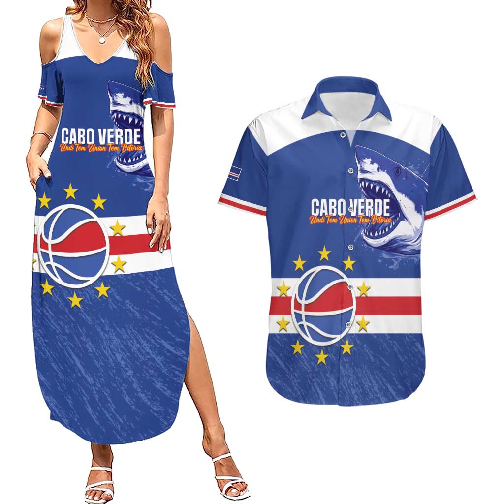 Cape Verde Basketball Custom Couples Matching Summer Maxi Dress and Hawaiian Shirt Come On Blue Sharks - Wonder Print Shop