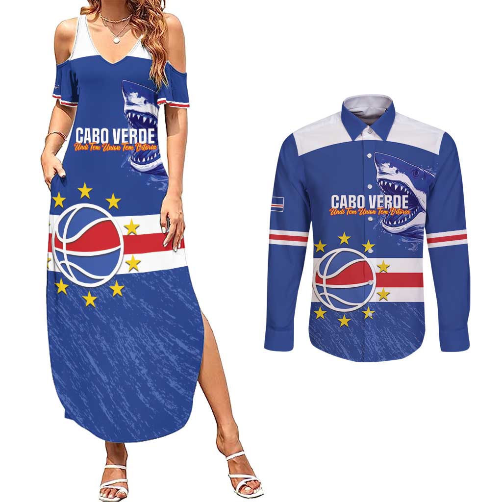 Cape Verde Basketball Custom Couples Matching Summer Maxi Dress and Long Sleeve Button Shirt Come On Blue Sharks - Wonder Print Shop