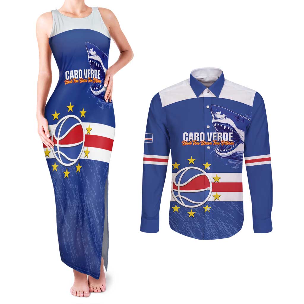 Cape Verde Basketball Custom Couples Matching Tank Maxi Dress and Long Sleeve Button Shirt Come On Blue Sharks - Wonder Print Shop