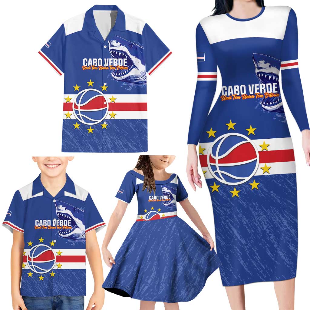 Cape Verde Basketball Custom Family Matching Long Sleeve Bodycon Dress and Hawaiian Shirt Come On Blue Sharks - Wonder Print Shop