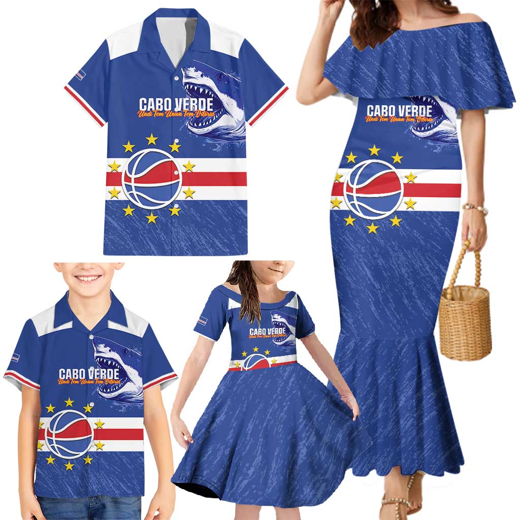 Cape Verde Basketball Custom Family Matching Mermaid Dress and Hawaiian Shirt Come On Blue Sharks - Wonder Print Shop
