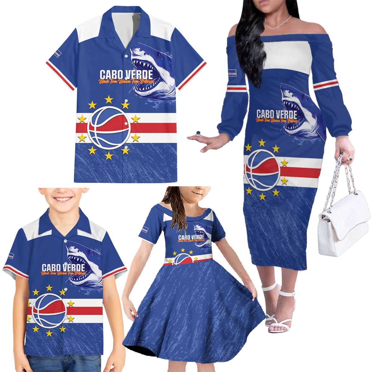 Cape Verde Basketball Custom Family Matching Off The Shoulder Long Sleeve Dress and Hawaiian Shirt Come On Blue Sharks - Wonder Print Shop