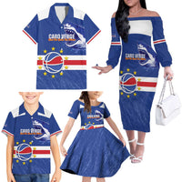 Cape Verde Basketball Custom Family Matching Off The Shoulder Long Sleeve Dress and Hawaiian Shirt Come On Blue Sharks - Wonder Print Shop