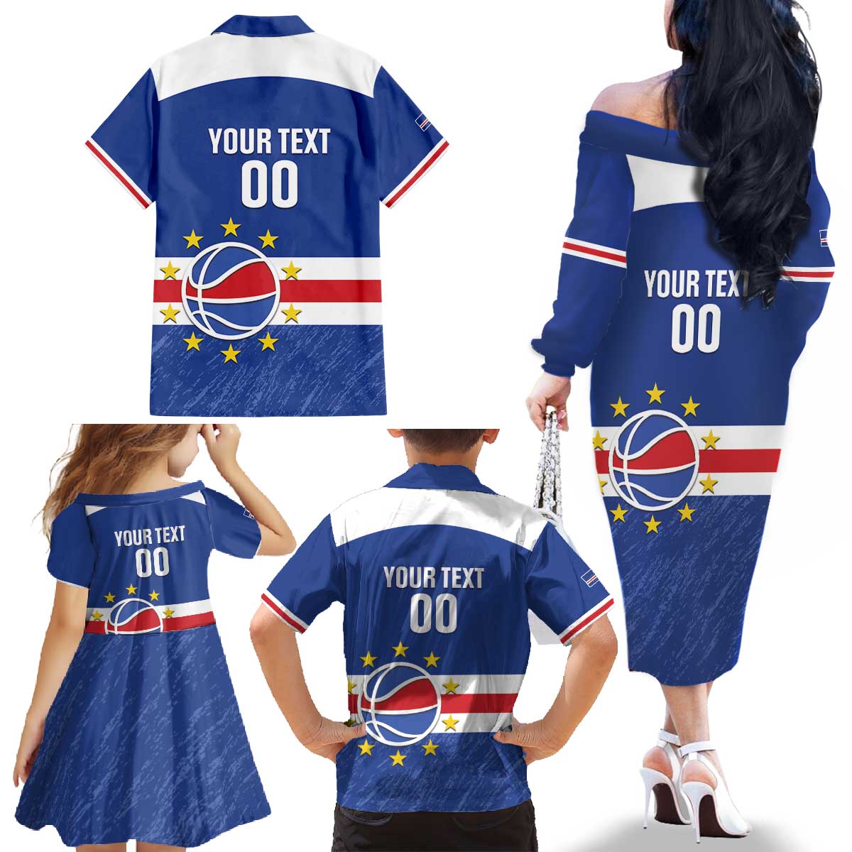 Cape Verde Basketball Custom Family Matching Off The Shoulder Long Sleeve Dress and Hawaiian Shirt Come On Blue Sharks - Wonder Print Shop