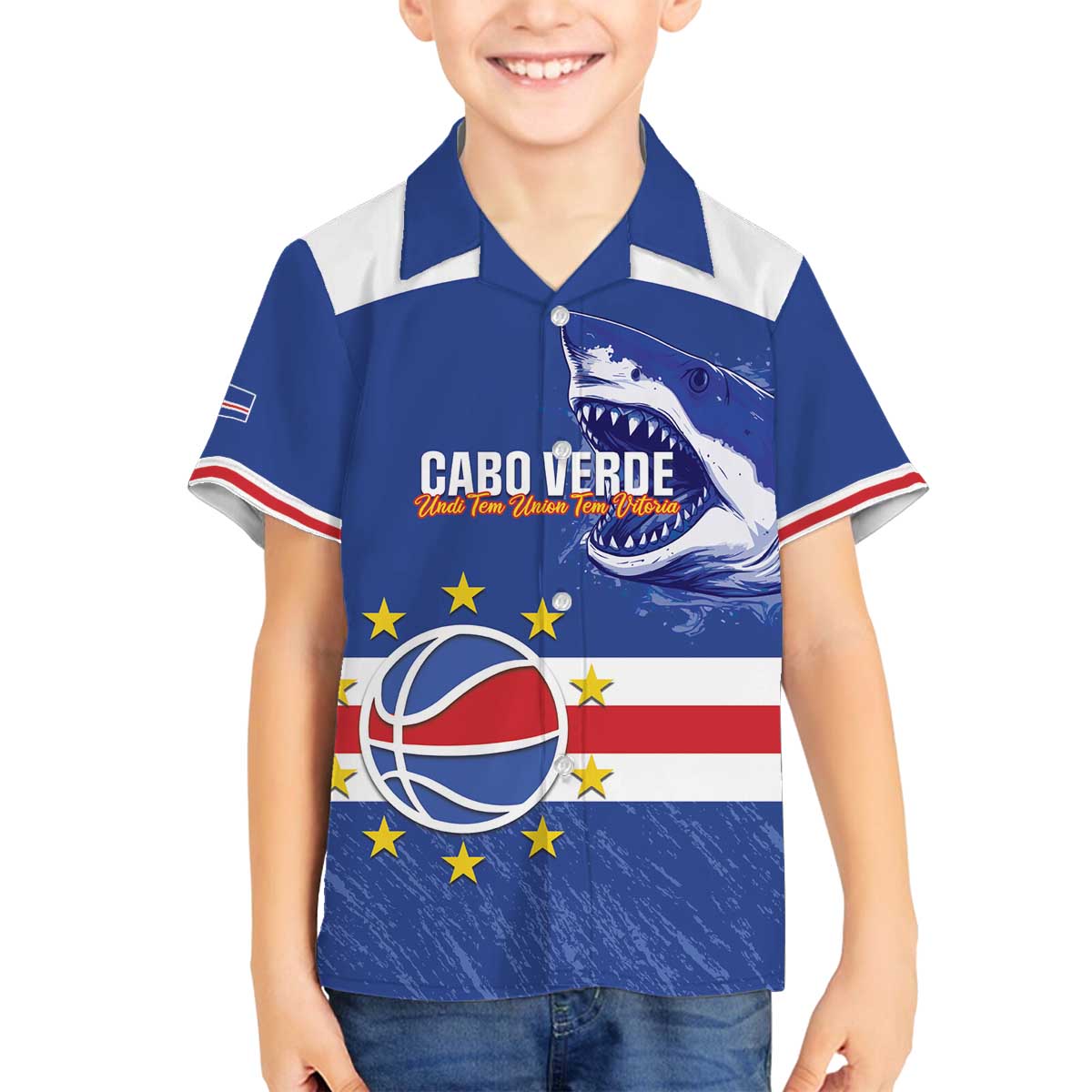Cape Verde Basketball Custom Family Matching Off The Shoulder Long Sleeve Dress and Hawaiian Shirt Come On Blue Sharks - Wonder Print Shop