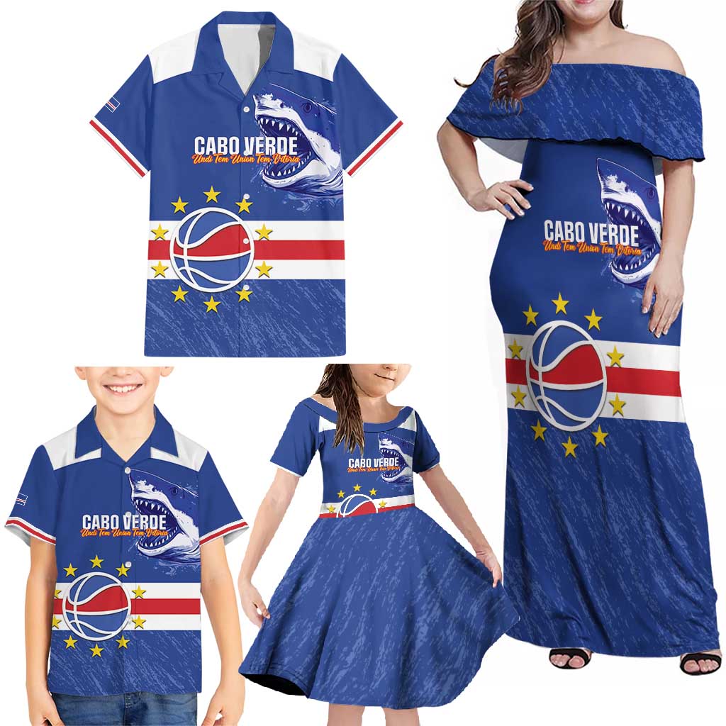 Cape Verde Basketball Custom Family Matching Off Shoulder Maxi Dress and Hawaiian Shirt Come On Blue Sharks - Wonder Print Shop