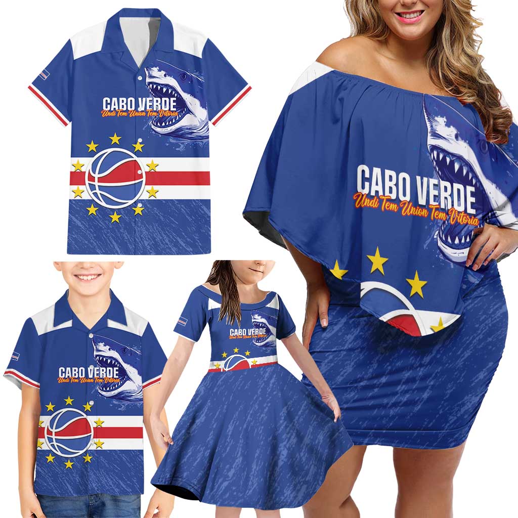 Cape Verde Basketball Custom Family Matching Off Shoulder Short Dress and Hawaiian Shirt Come On Blue Sharks - Wonder Print Shop