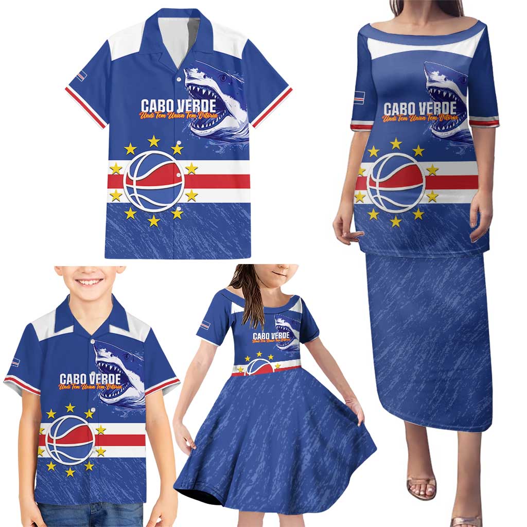 Cape Verde Basketball Custom Family Matching Puletasi and Hawaiian Shirt Come On Blue Sharks - Wonder Print Shop