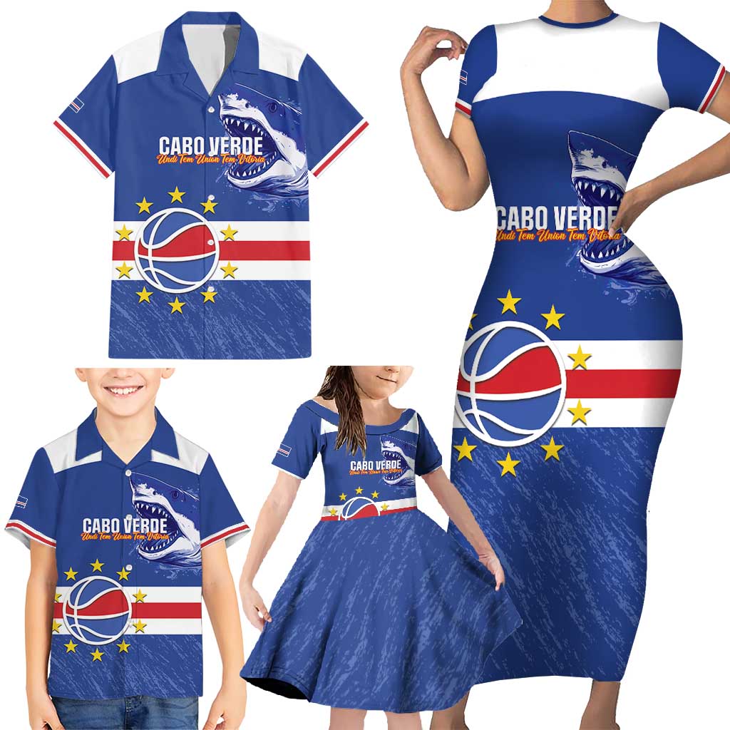 Cape Verde Basketball Custom Family Matching Short Sleeve Bodycon Dress and Hawaiian Shirt Come On Blue Sharks - Wonder Print Shop