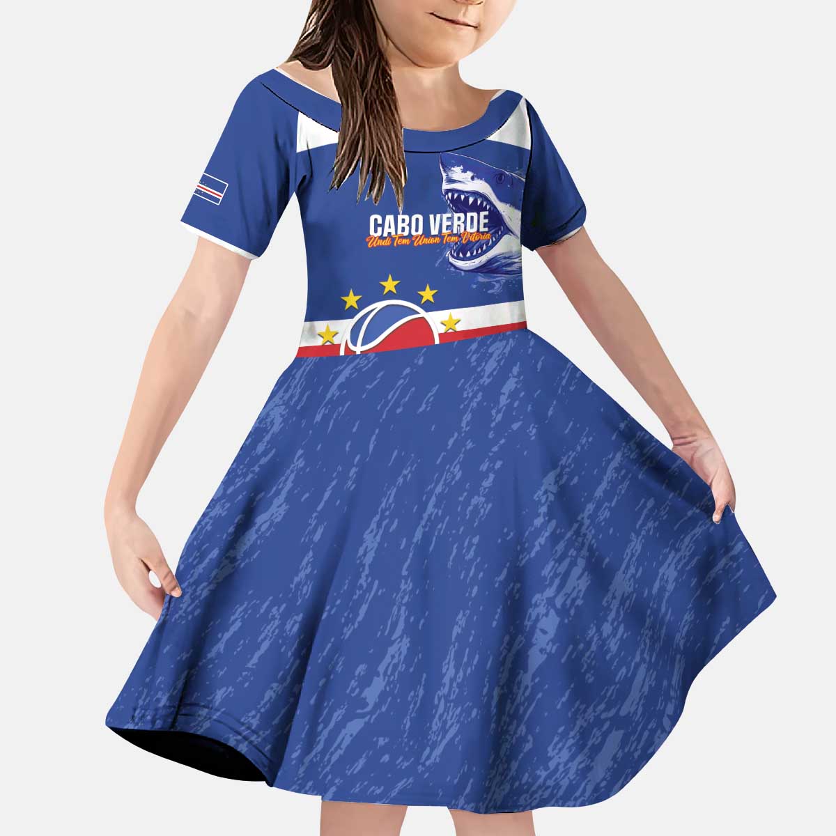 Cape Verde Basketball Custom Kid Short Sleeve Dress Come On Blue Sharks - Wonder Print Shop