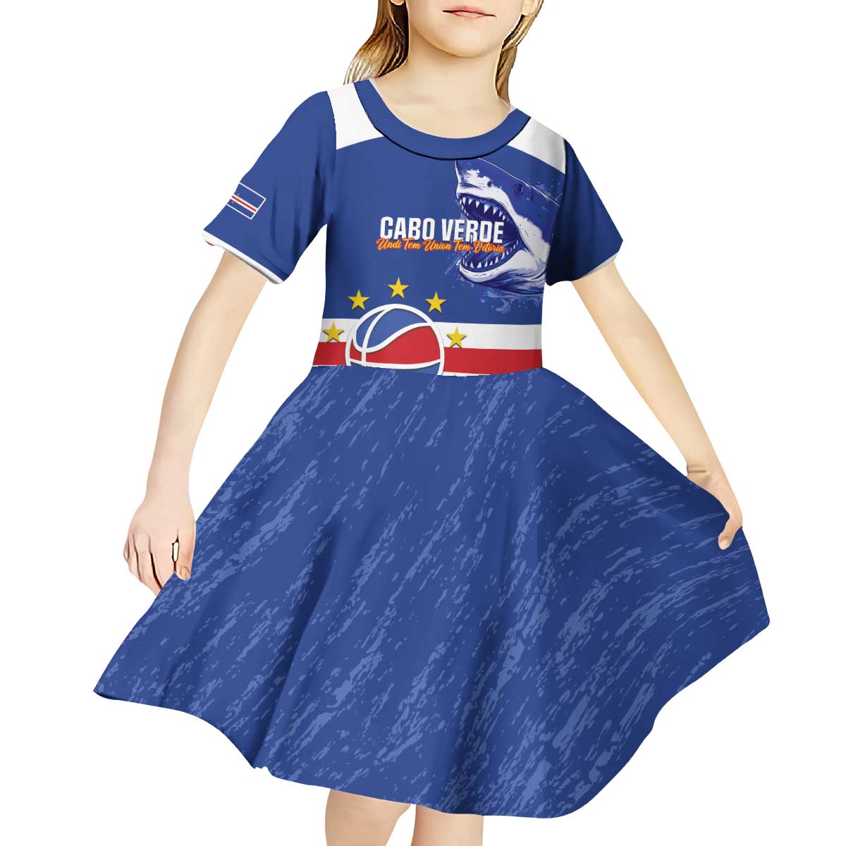 Cape Verde Basketball Custom Kid Short Sleeve Dress Come On Blue Sharks - Wonder Print Shop