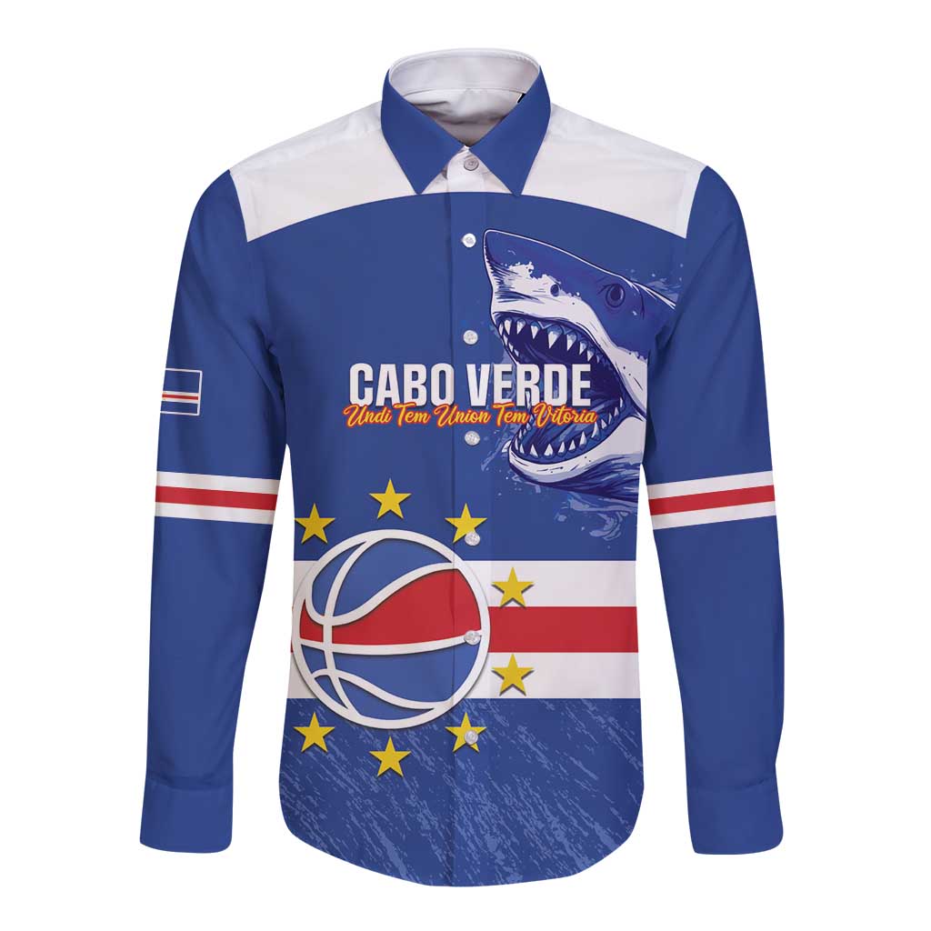 Cape Verde Basketball Custom Long Sleeve Button Shirt Come On Blue Sharks - Wonder Print Shop