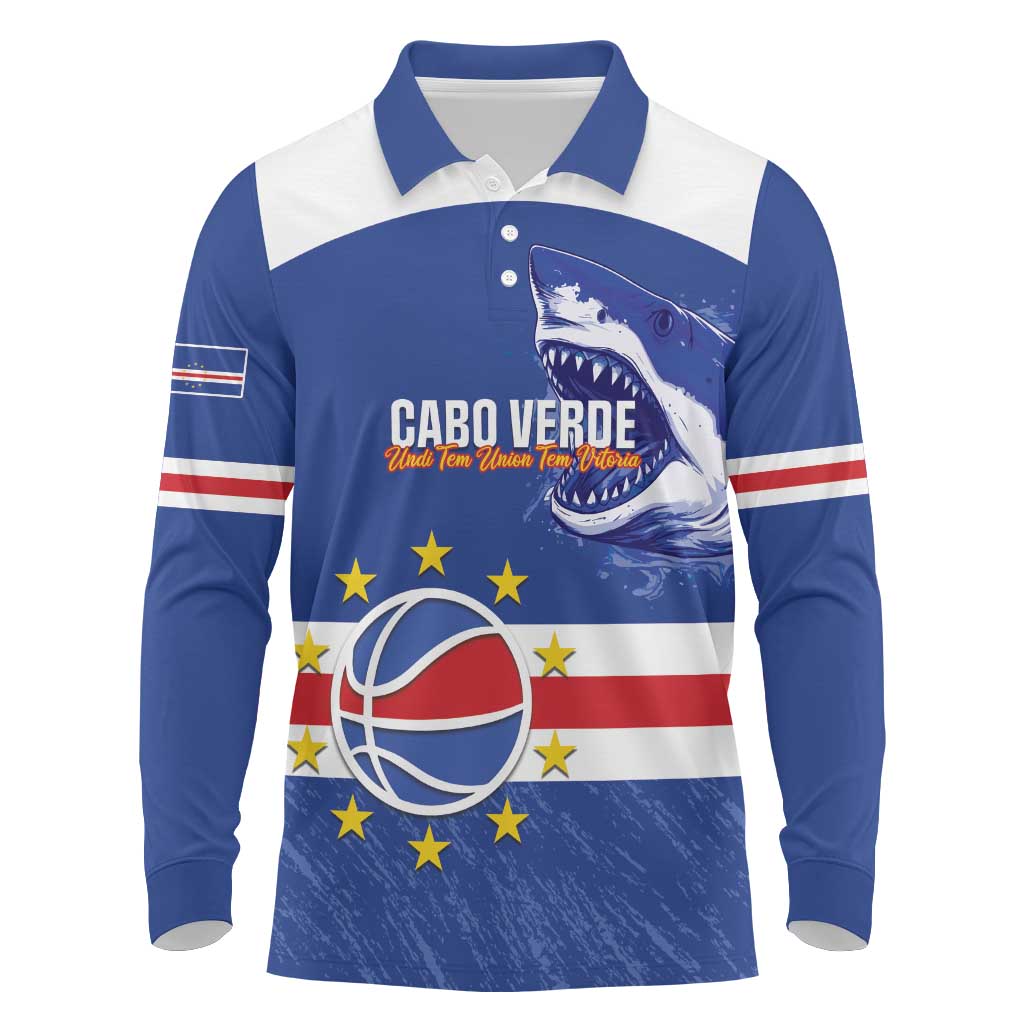 Cape Verde Basketball Custom Long Sleeve Polo Shirt Come On Blue Sharks - Wonder Print Shop