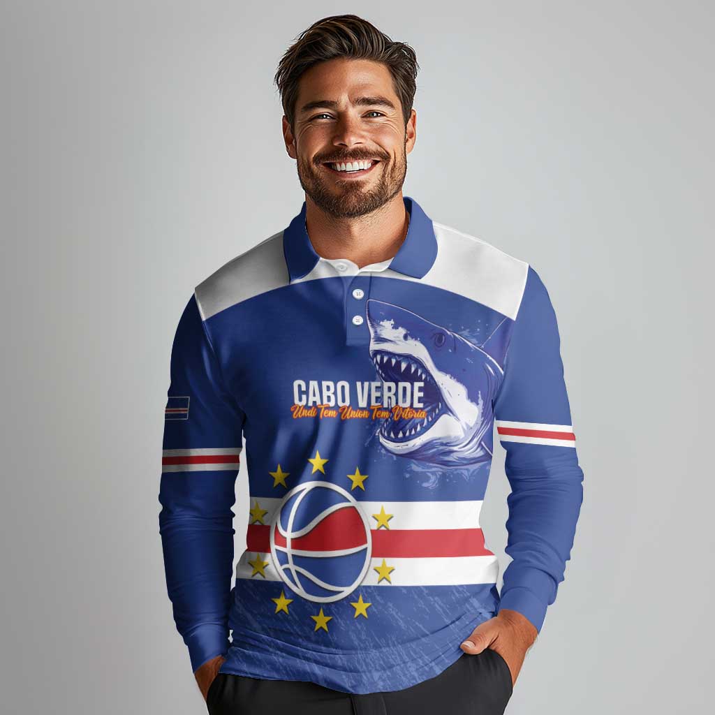 Cape Verde Basketball Custom Long Sleeve Polo Shirt Come On Blue Sharks - Wonder Print Shop