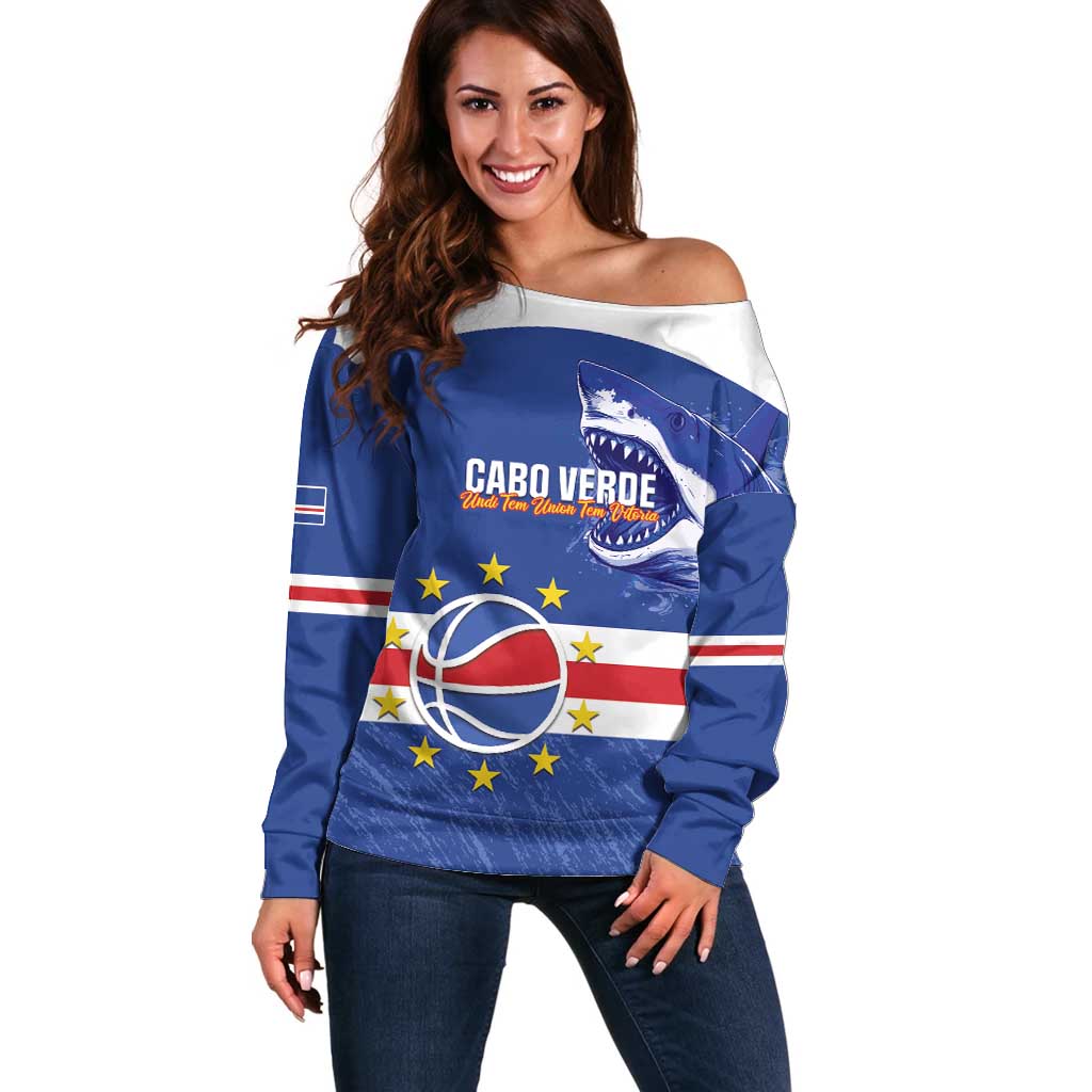 Cape Verde Basketball Custom Off Shoulder Sweater Come On Blue Sharks - Wonder Print Shop