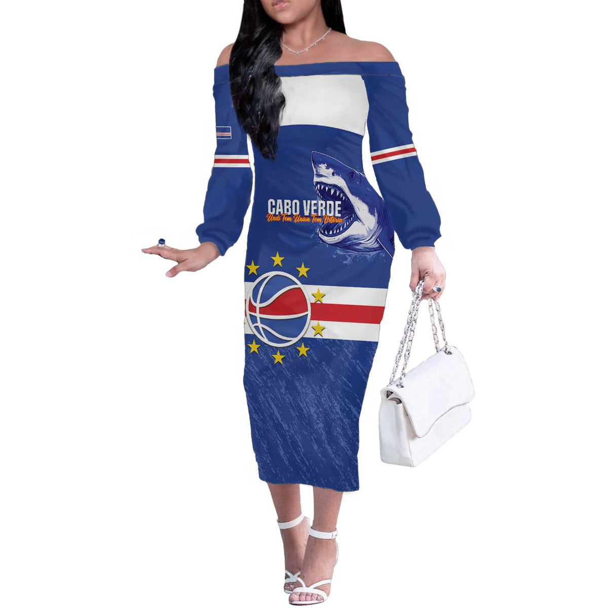 Cape Verde Basketball Custom Off The Shoulder Long Sleeve Dress Come On Blue Sharks - Wonder Print Shop