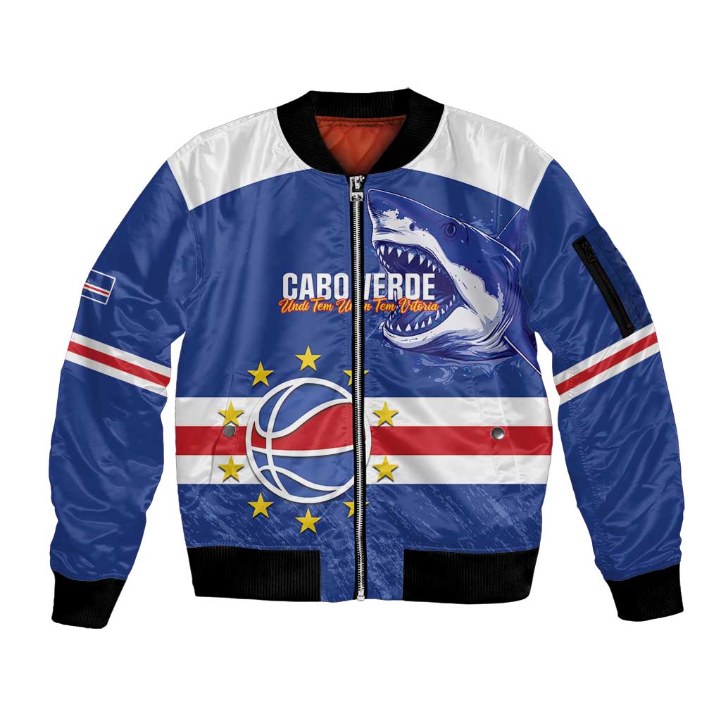 Cape Verde Basketball Custom Sleeve Zip Bomber Jacket Come On Blue Sharks - Wonder Print Shop
