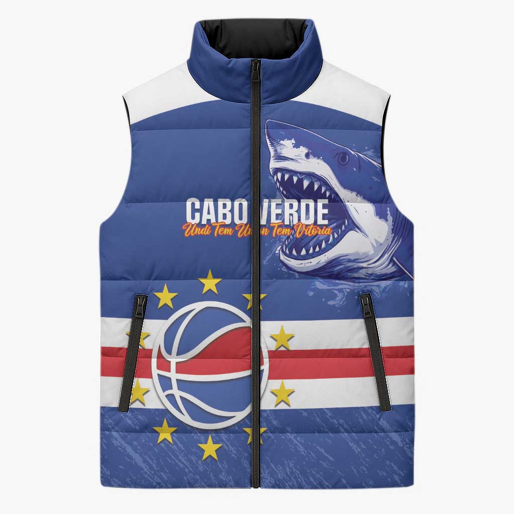 Cape Verde Basketball Custom Sleeveless Puffer Jacket Come On Blue Sharks - Wonder Print Shop