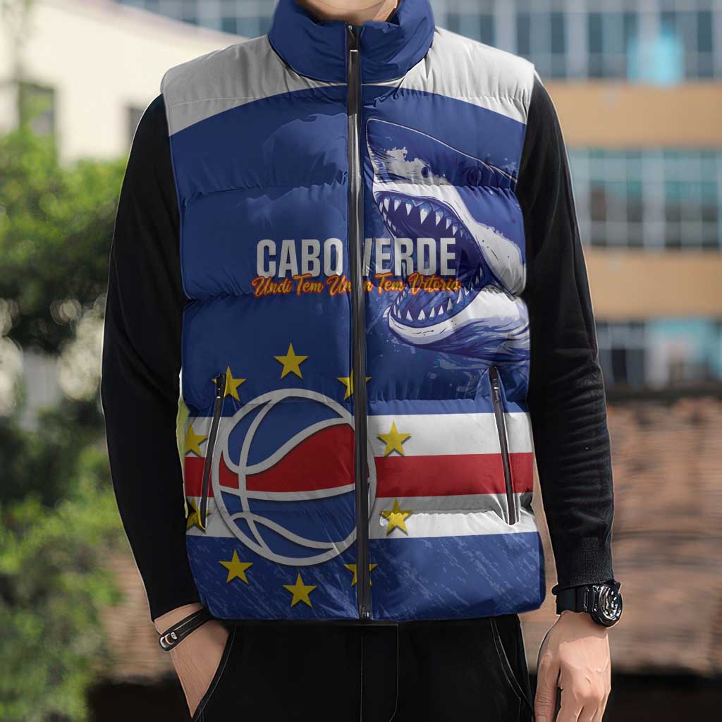 Cape Verde Basketball Custom Sleeveless Puffer Jacket Come On Blue Sharks - Wonder Print Shop