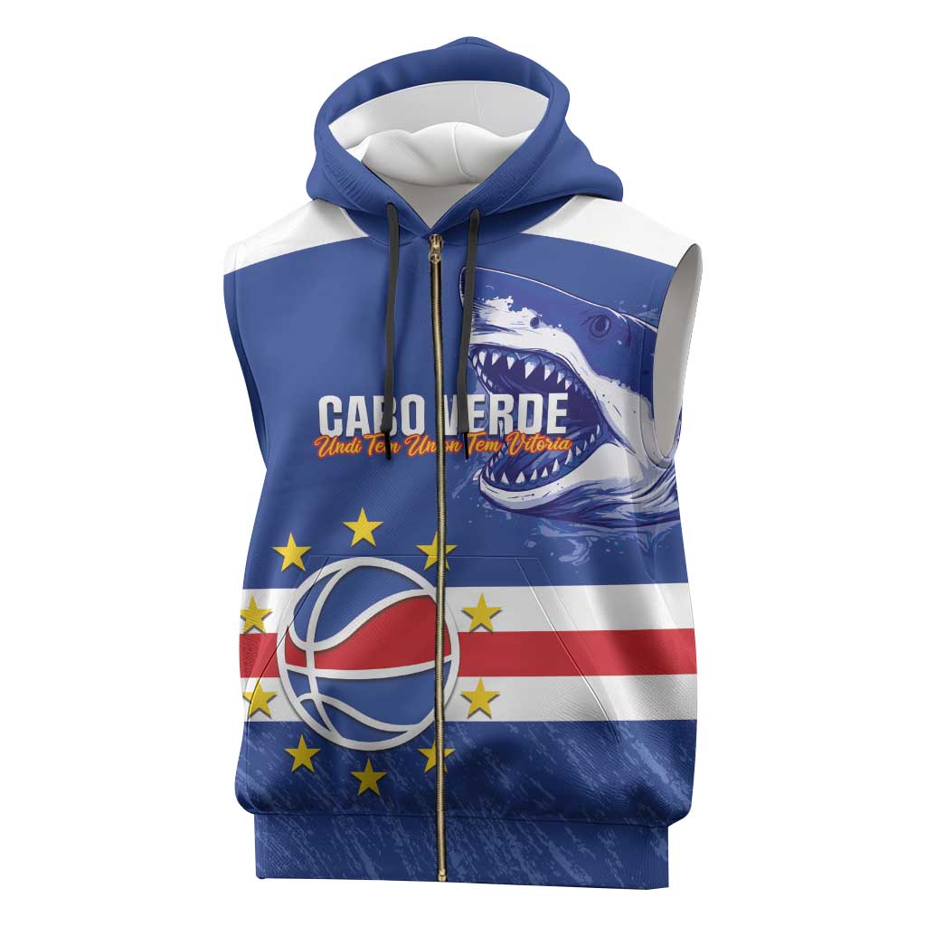 Cape Verde Basketball Custom Sleeveless Zip Hoodie Come On Blue Sharks - Wonder Print Shop