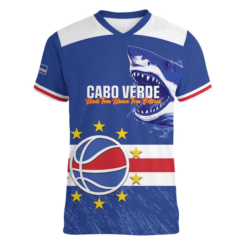 Cape Verde Basketball Custom Women V-Neck T-Shirt Come On Blue Sharks - Wonder Print Shop
