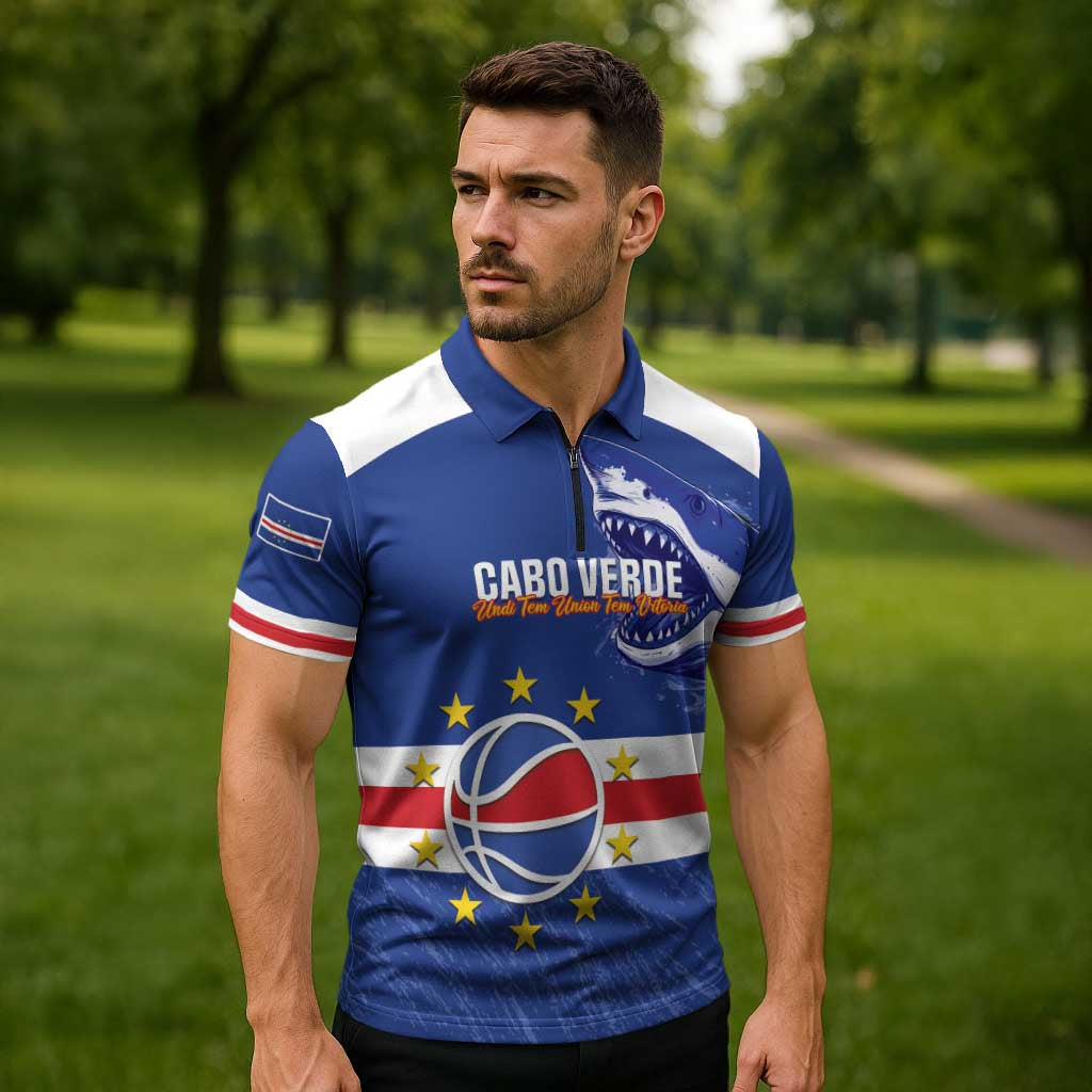 Cape Verde Basketball Custom Zipper Polo Shirt Come On Blue Sharks - Wonder Print Shop