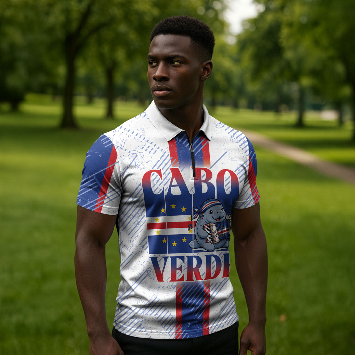 Accordion Gaita Cabo Verde Zipper Polo Shirt Cape Verdean Instrument Cute Manatee