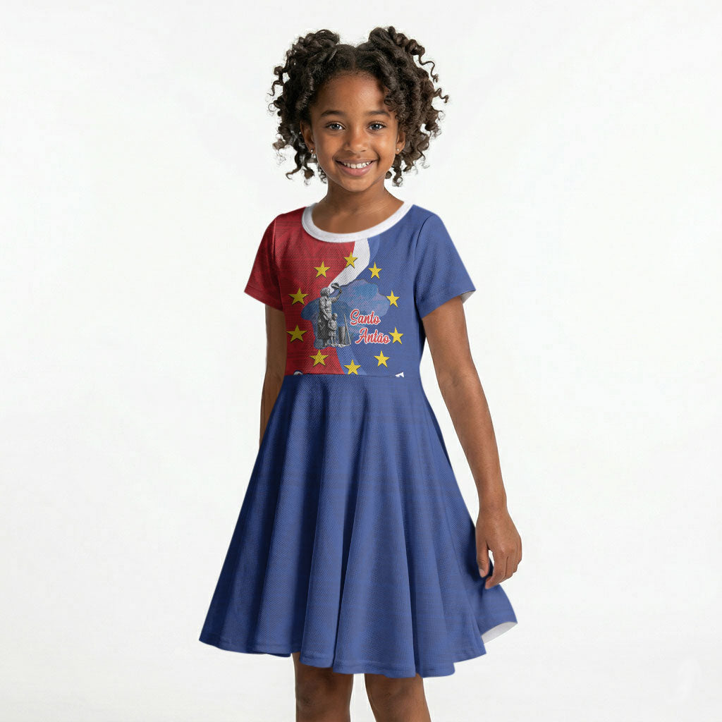 Santo Antao Cabo Verde Kid Short Sleeve Dress Map With Me Maia Statue African Pattern