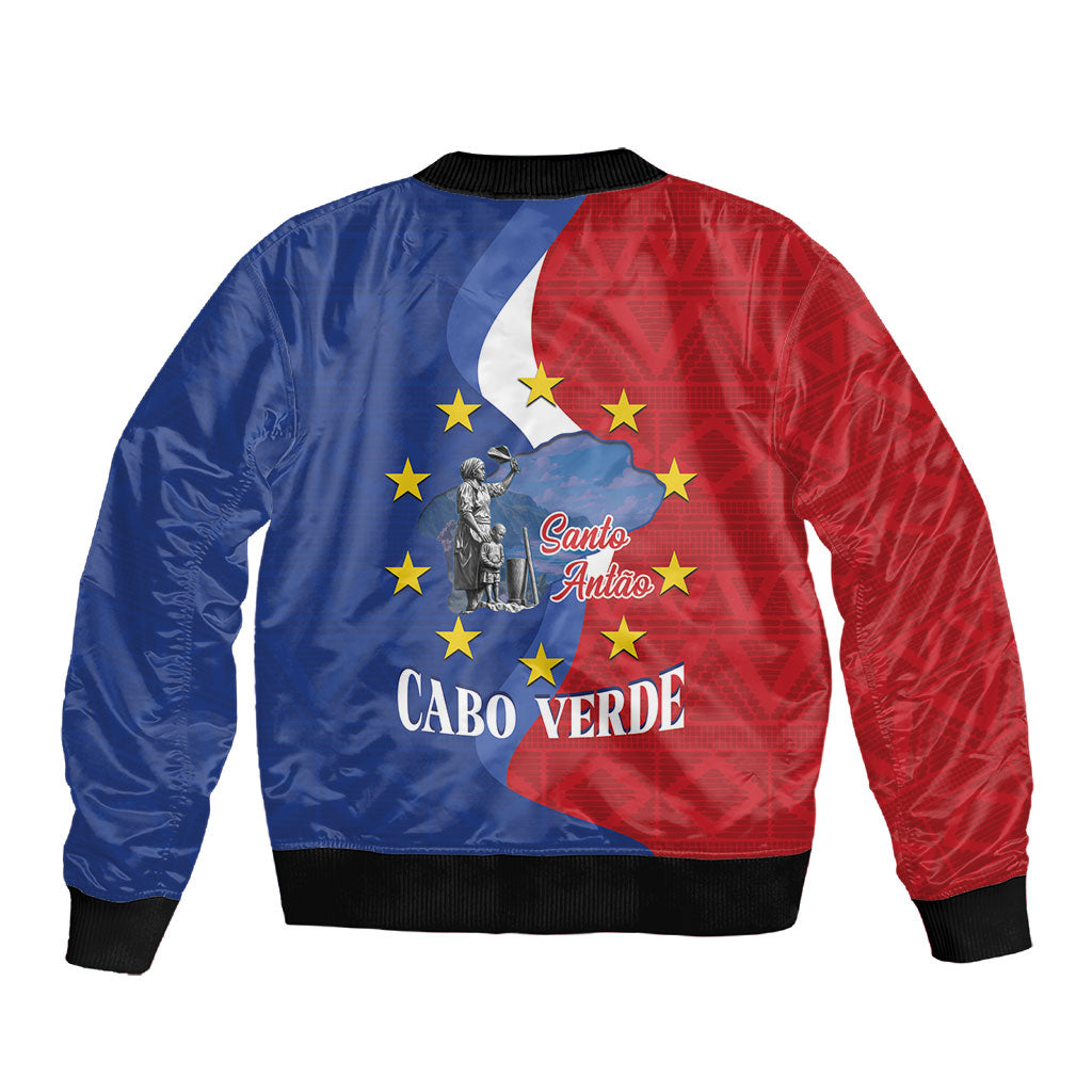 Santo Antao Cabo Verde Sleeve Zip Bomber Jacket Map With Me Maia Statue African Pattern