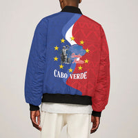 Santo Antao Cabo Verde Sleeve Zip Bomber Jacket Map With Me Maia Statue African Pattern