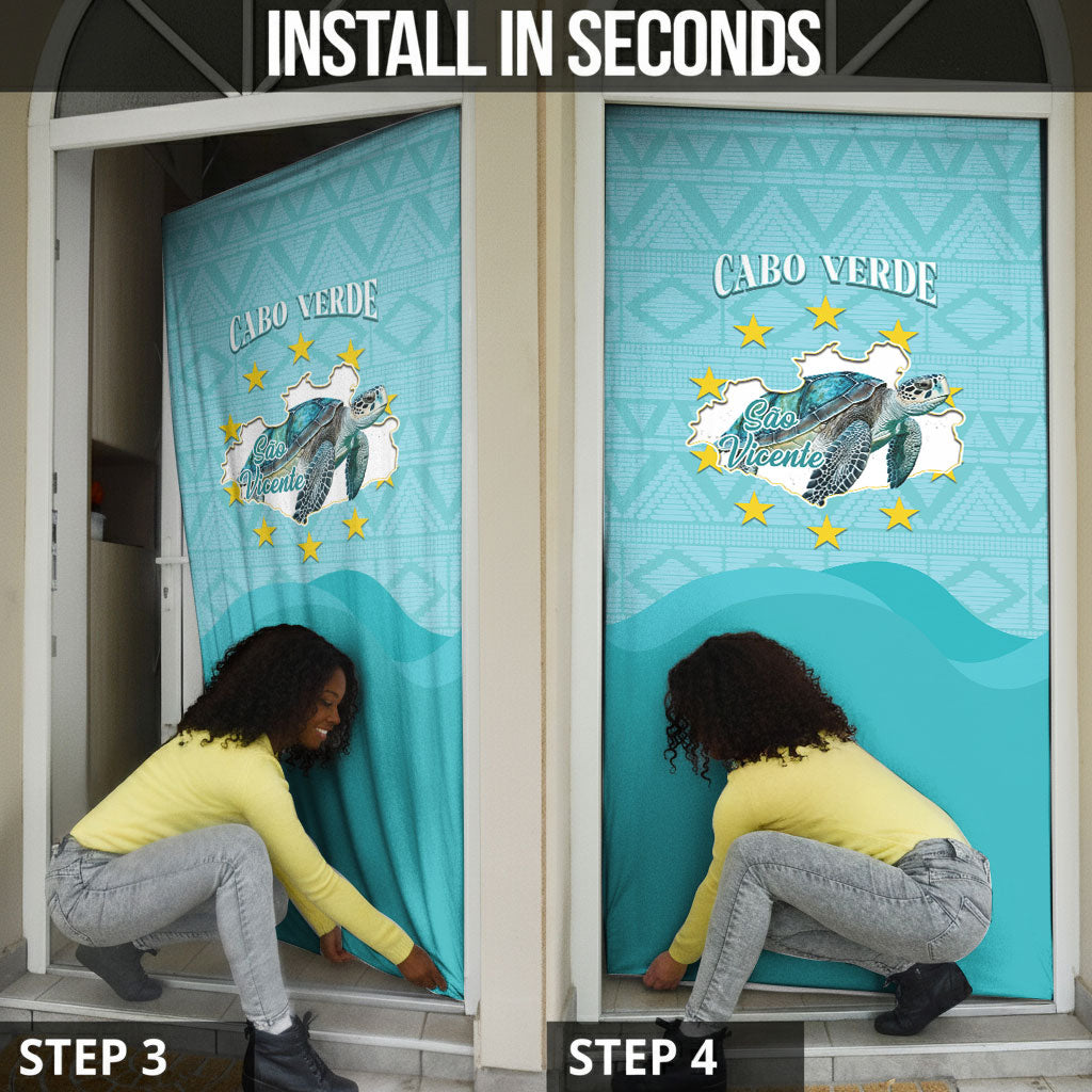 Sao Vincente Cabo Verde Door Cover Map With Sea Turtle African Pattern