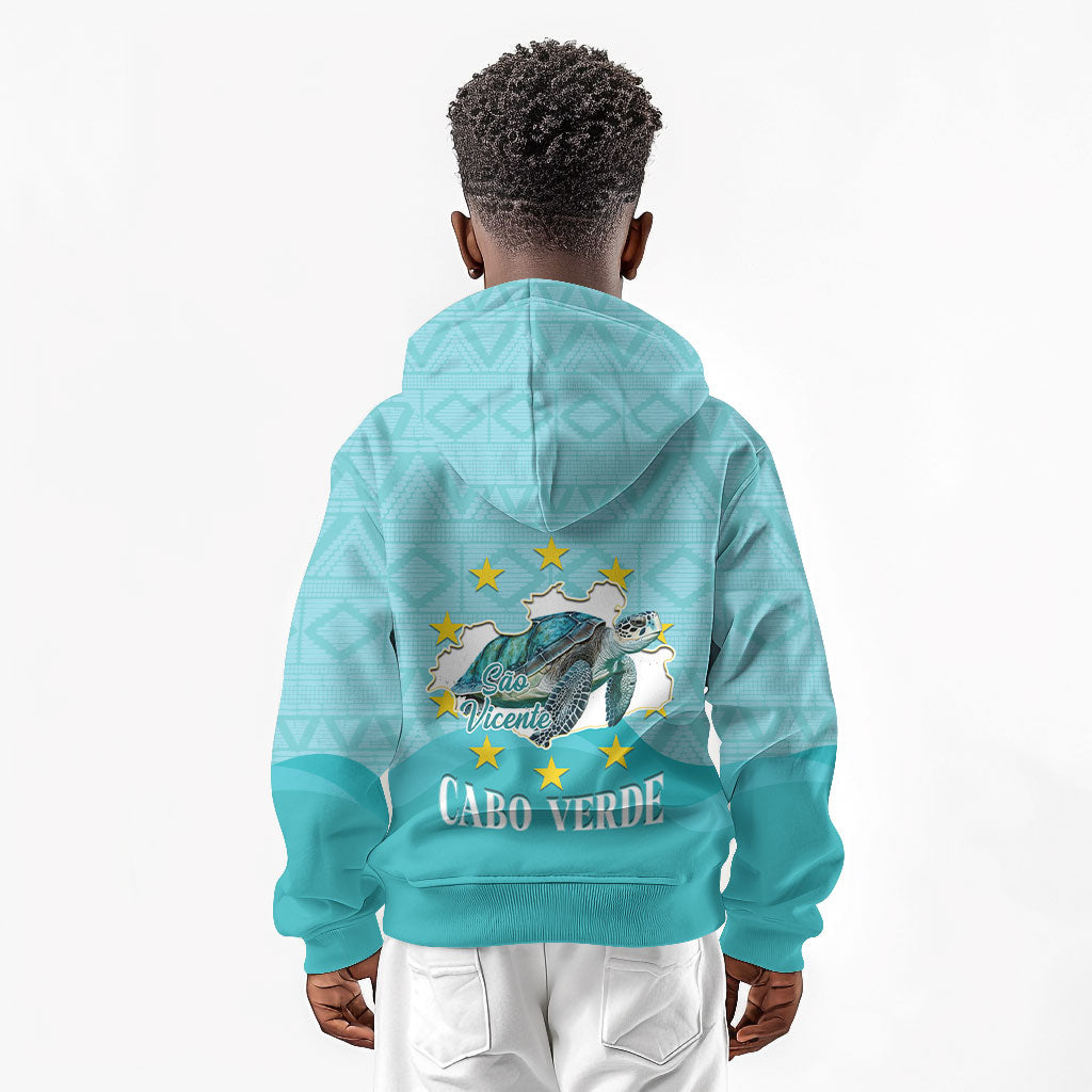 Sao Vincente Cabo Verde Kid Hoodie Map With Sea Turtle African Pattern